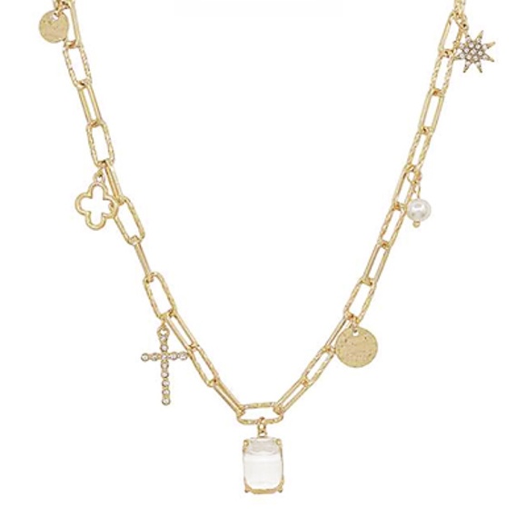 Squre Glass & Mulit Charm Necklace Set